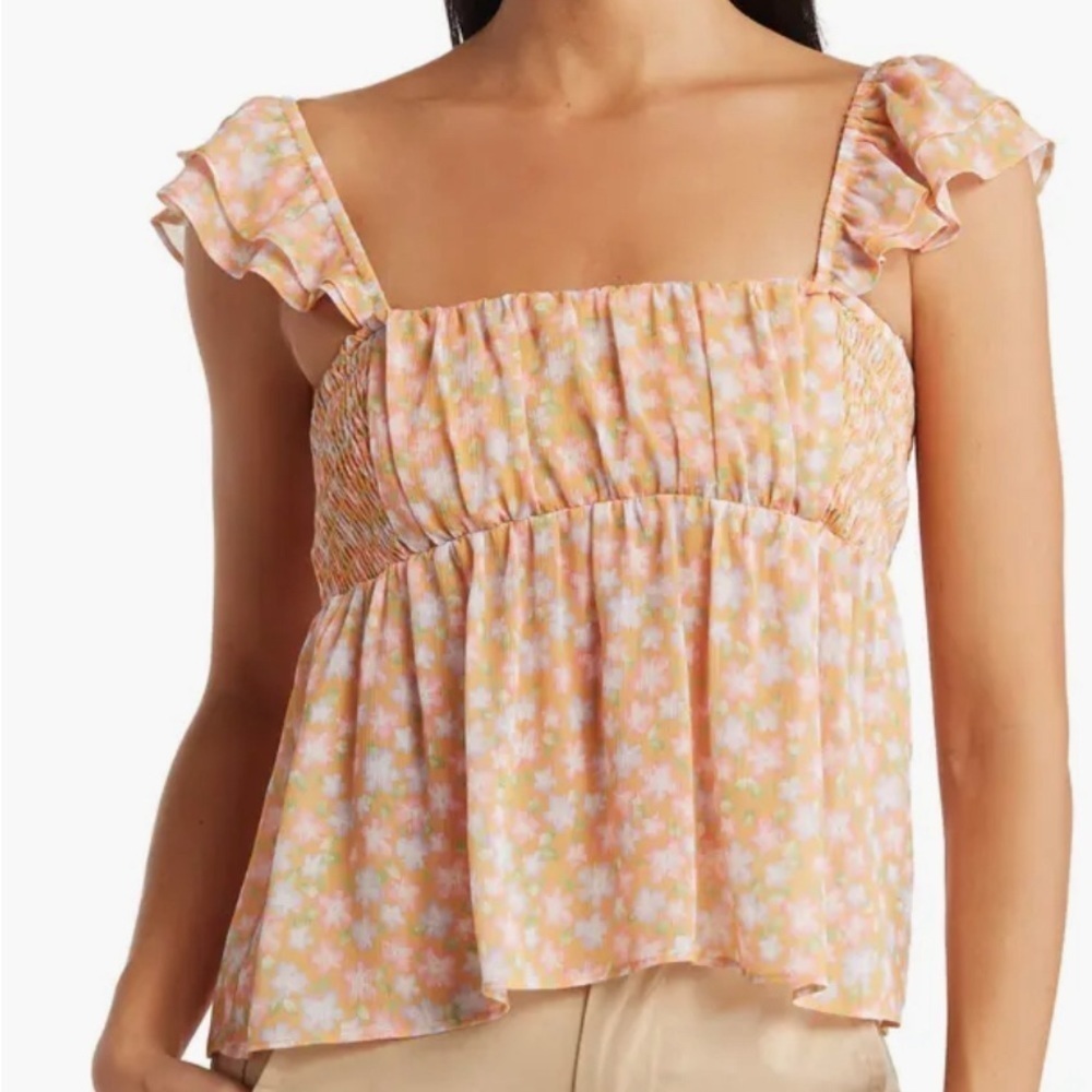 Elodie RUCHED BUST RUFFLE SLEEVE TOP Ladies size medium ORANGE/ PINK FLORAL